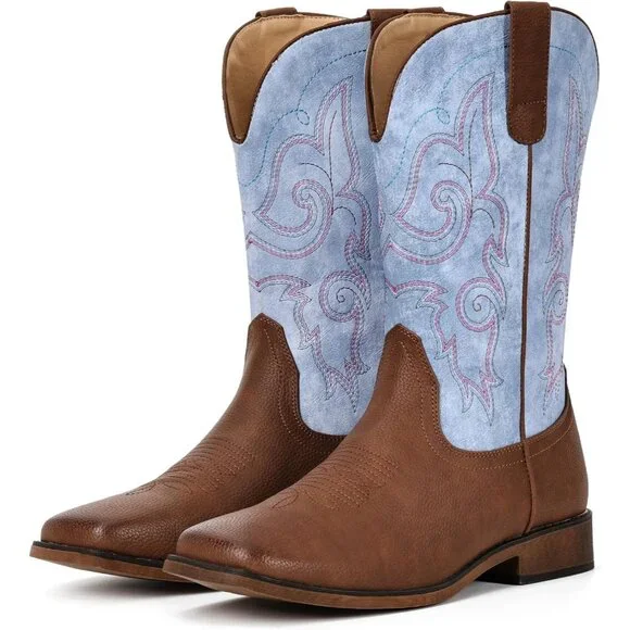 Women Light Blue Square Toe Western Mid Calf Embroidered Cowgirl Pull On Boots - Picture 3 of 5